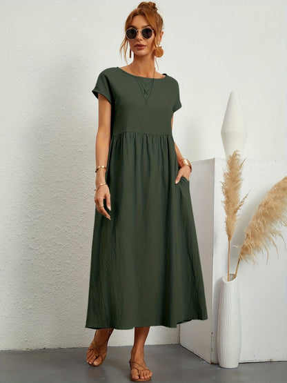 Effortless Green Dress for Women with Round Neck Cap Sleeve Linen Maxi Flowing Style