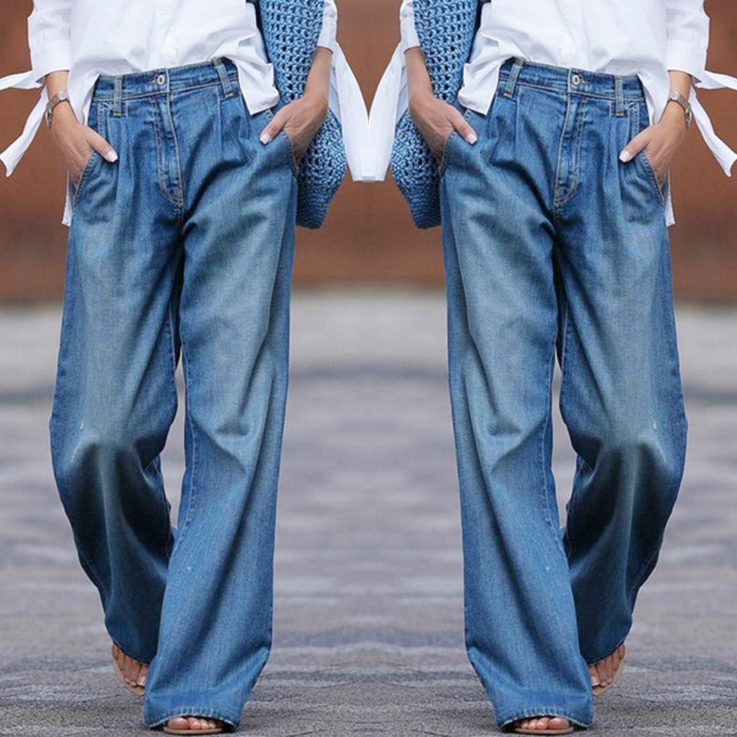 Effortless Blue Wide Leg High Waisted Jeans for Women with Pleated Front Relaxed Denim Casual Style
