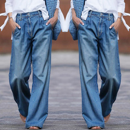 Effortless Blue Wide Leg High Waisted Jeans for Women with Pleated Front Relaxed Denim Casual Style
