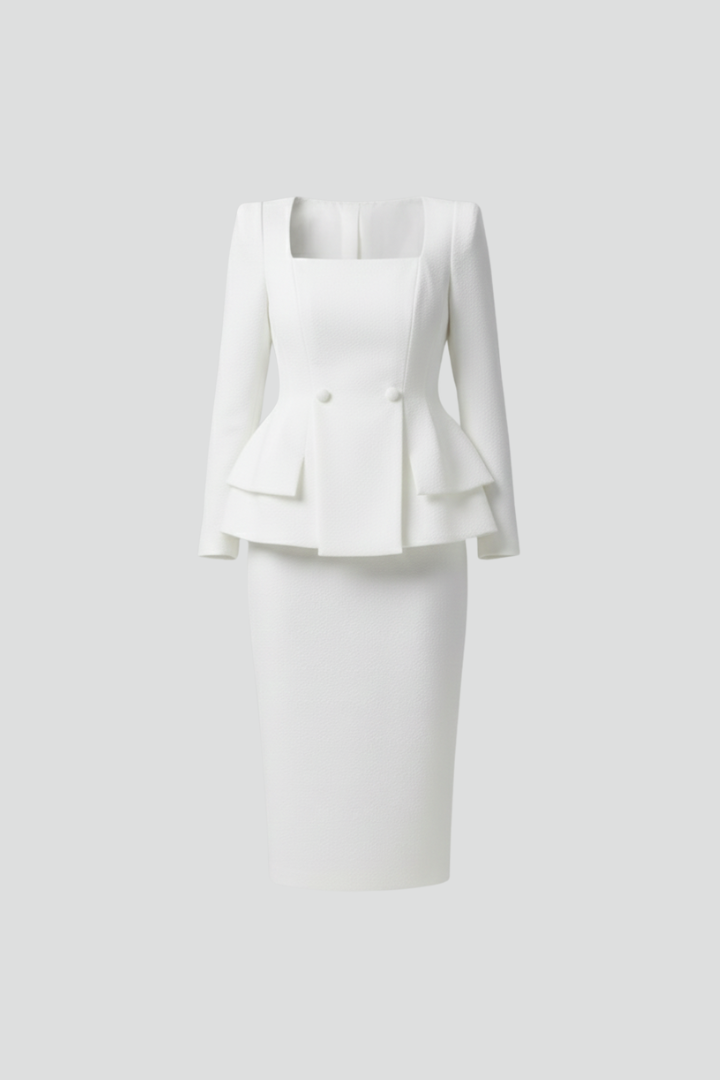 Elegant Women's Suit for Women with Square Neck Long Sleeve Peplum Two Piece Style