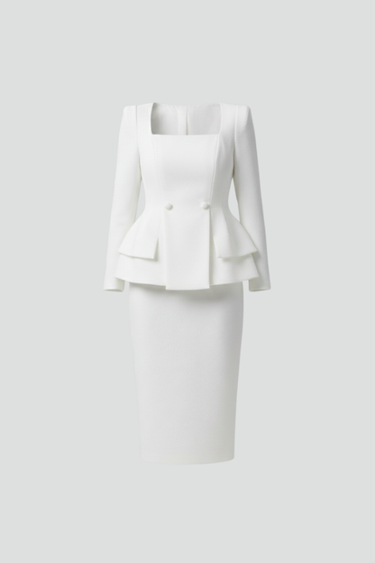 Elegant Women's Suit for Women with Square Neck Long Sleeve Peplum Two Piece Style