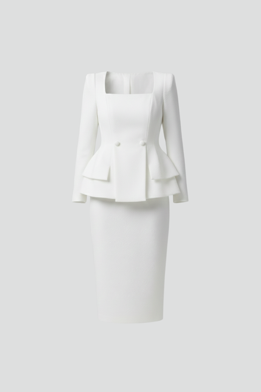 Elegant Women's Suit for Women with Square Neck Long Sleeve Peplum Two Piece Style
