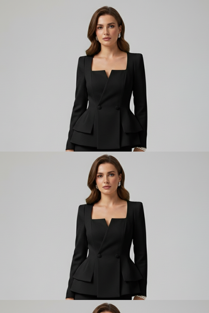 Elegant Women's Suit for Women with Square Neck Long Sleeve Peplum Two Piece Style