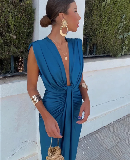 Elegant Royal Blue Dress for Women with Deep V Neck Sleeveless Draped Twist Front Maxi Wedding Guest Style