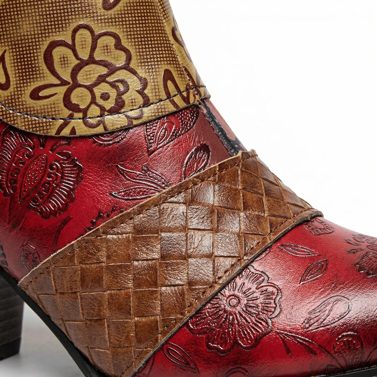 Women's Patchwork Ankle Boots Block Heel Floral Embroidered Boho Round Toe Zip Booties