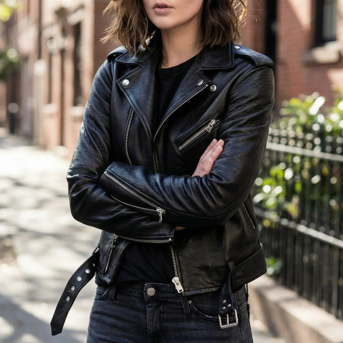 Women's Faux Leather Moto Jacket Biker Asymmetric Zip Belted Notch Lapel Zip Cuffs Cropped