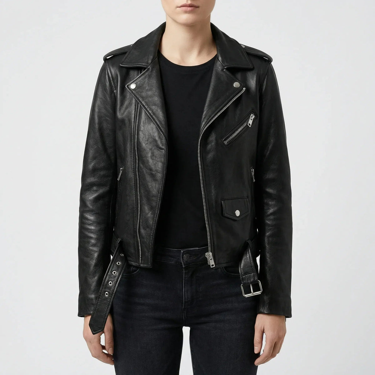 Women's Faux Leather Moto Jacket Biker Asymmetric Zip Belted Notch Lapel Zip Cuffs Cropped
