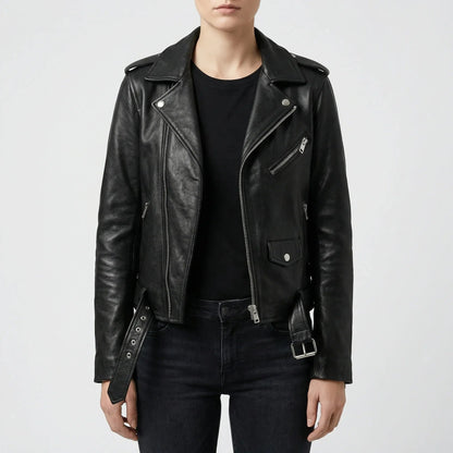 Women's Faux Leather Moto Jacket Biker Asymmetric Zip Belted Notch Lapel Zip Cuffs Cropped