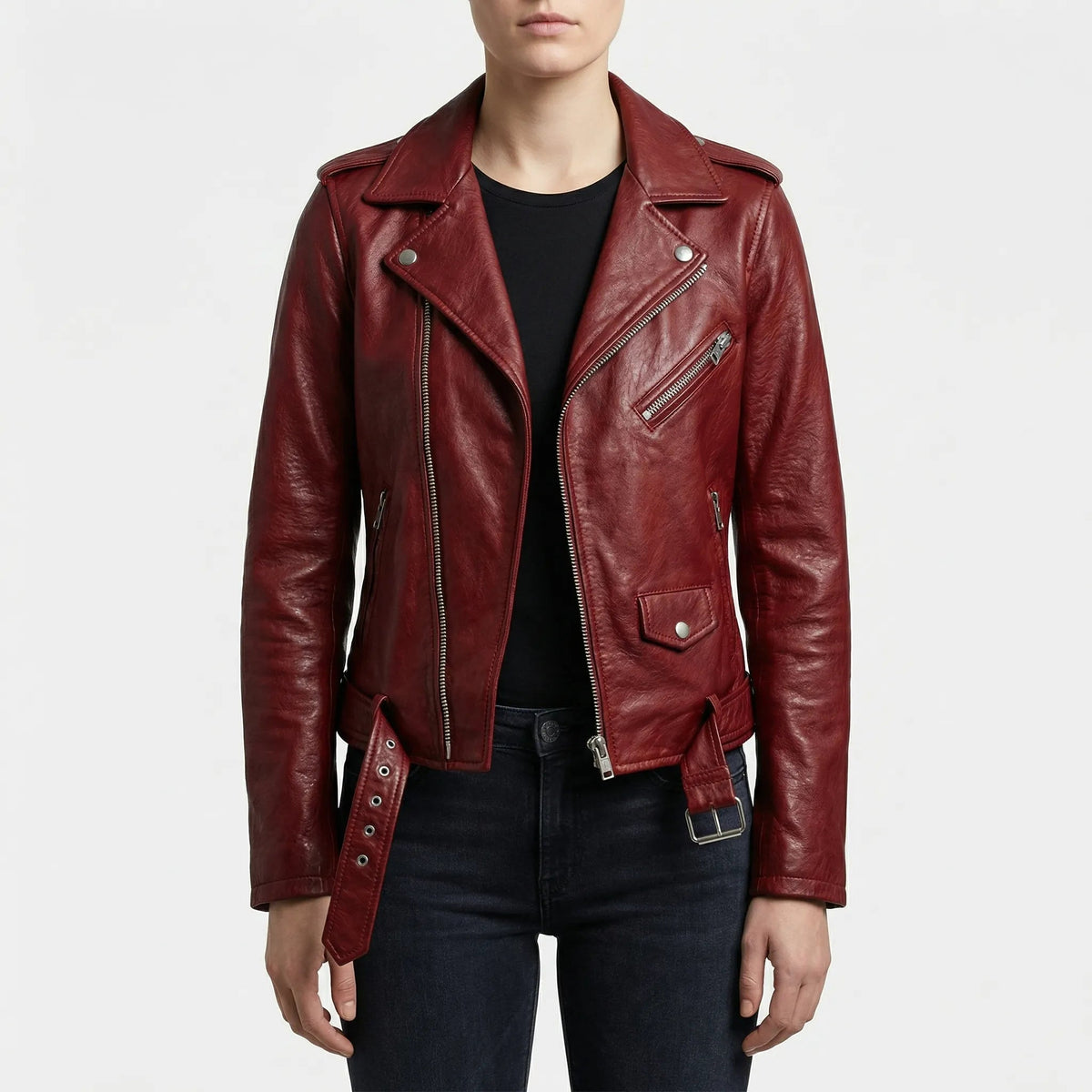 Women's Faux Leather Moto Jacket Biker Asymmetric Zip Belted Notch Lapel Zip Cuffs Cropped