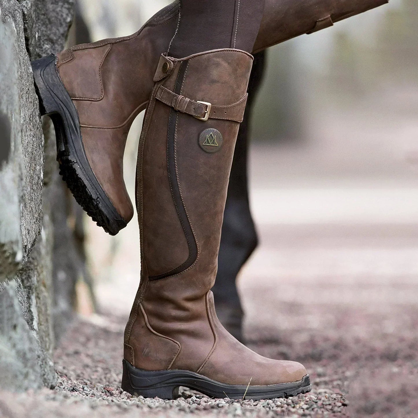 Elegant Brown Leather Waterproof Boots for Women with Knee High Buckle Riding Style