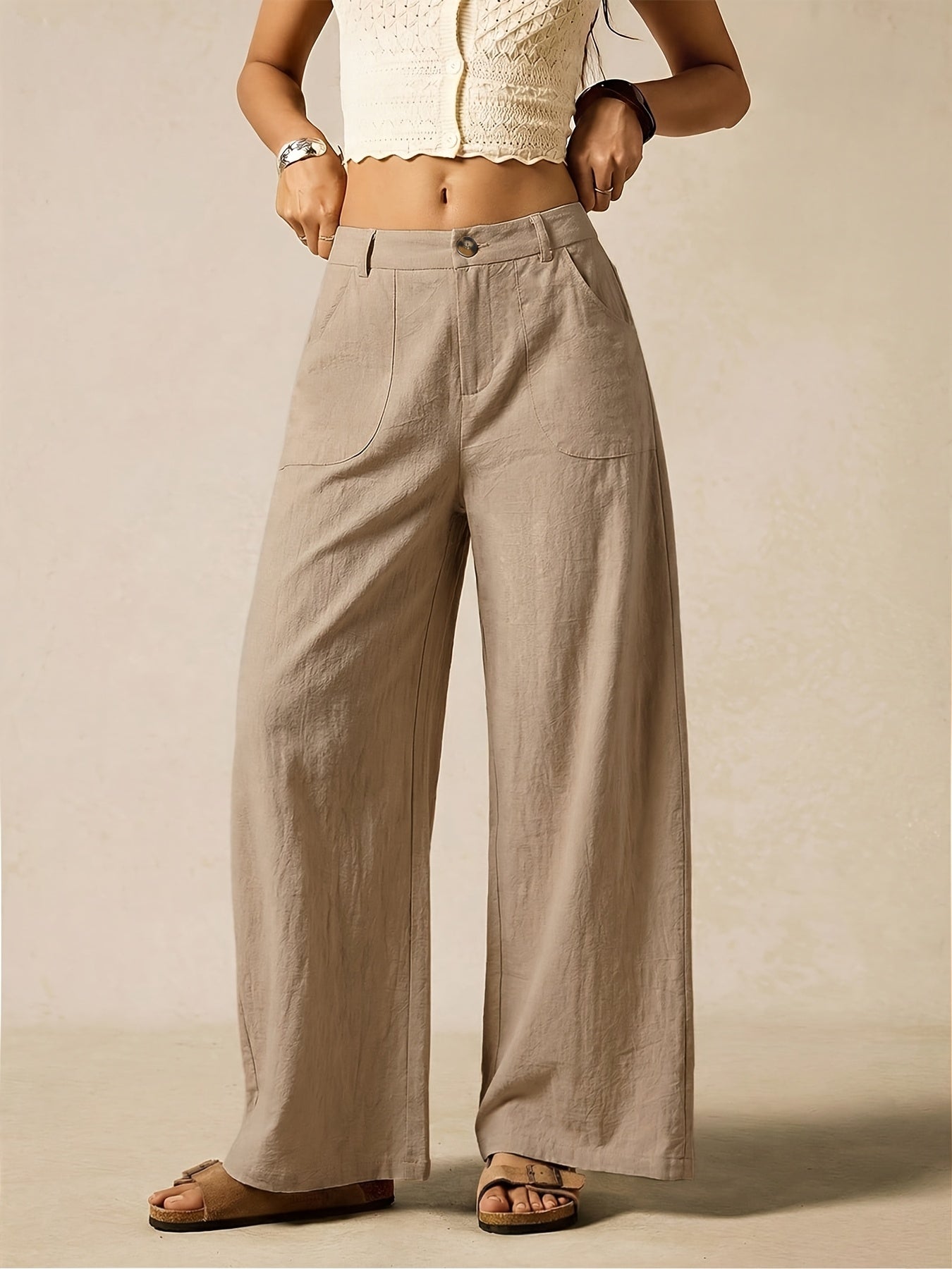 Effortless Linen Wide Leg Trousers for Women with High Waist Button Front Relaxed Casual Style
