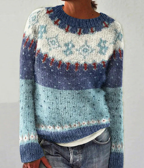 Comfortable Fair Isle Crewneck Sweater for Women with Long Sleeve Relaxed Oversized Knit Style