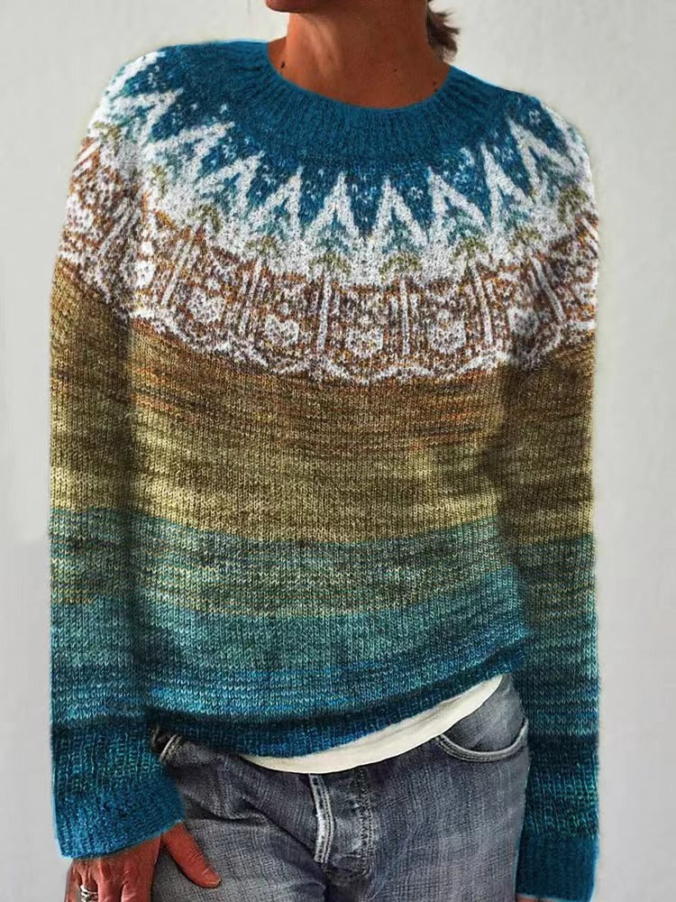 Comfortable Fair Isle Crewneck Sweater for Women with Long Sleeve Relaxed Oversized Knit Style
