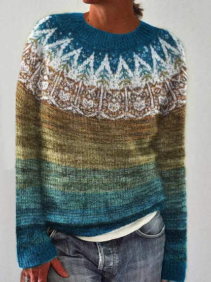 Comfortable Fair Isle Crewneck Sweater for Women with Long Sleeve Relaxed Oversized Knit Style