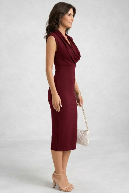 Elegant Burgundy Cocktail Dress for Women with Cowl Neck Sleeveless Bodycon Midi Style