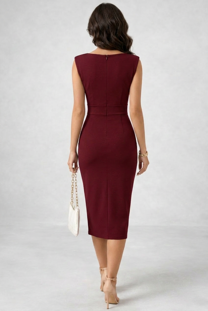 Elegant Burgundy Cocktail Dress for Women with Cowl Neck Sleeveless Bodycon Midi Style