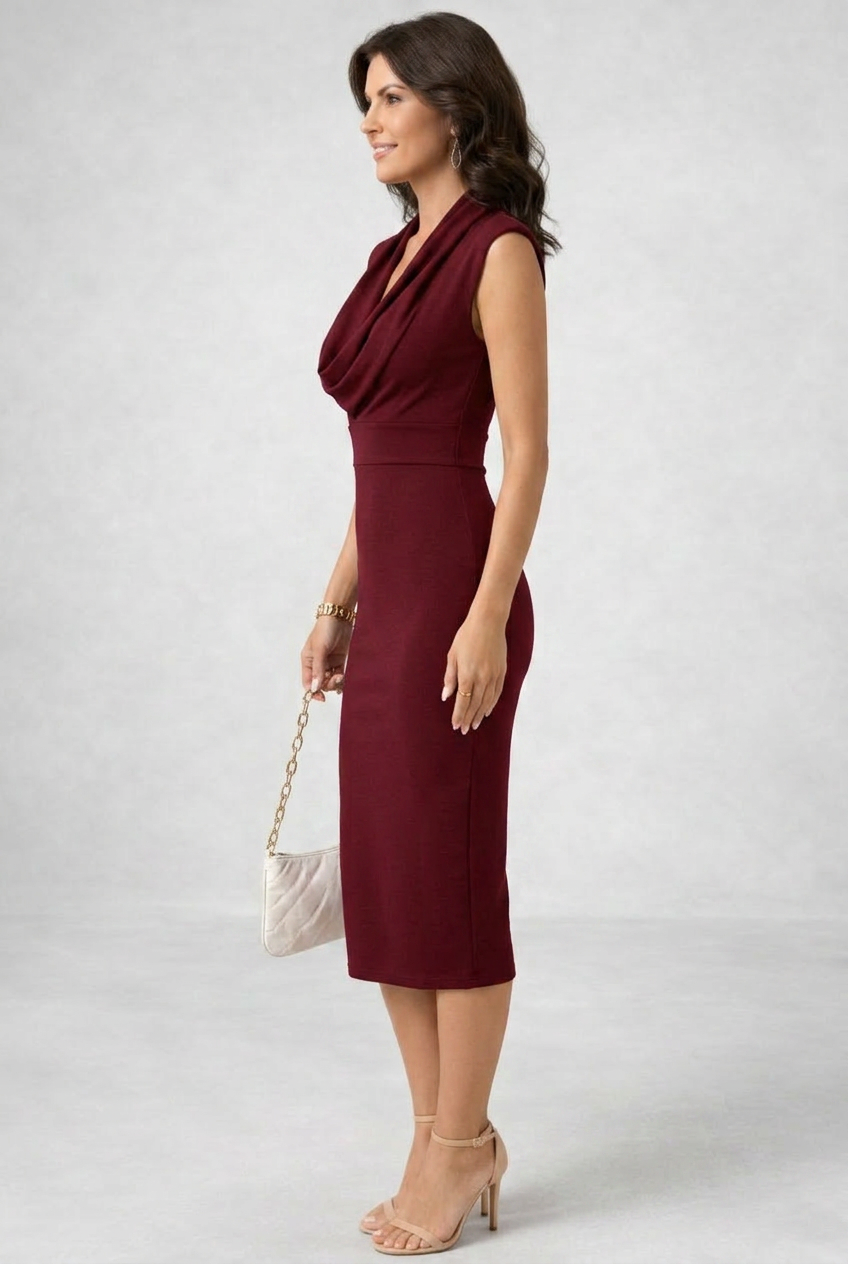 Elegant Burgundy Cocktail Dress for Women with Cowl Neck Sleeveless Bodycon Midi Style