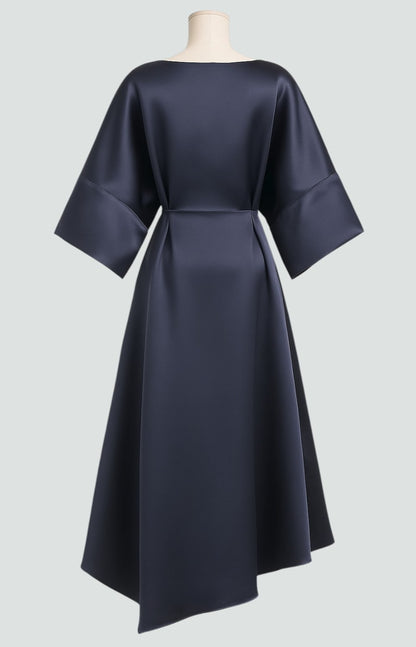 Elegant Satin Midi Dress for Women with Batwing Sleeve Brooch Waist Draped Formal Wedding Guest Style