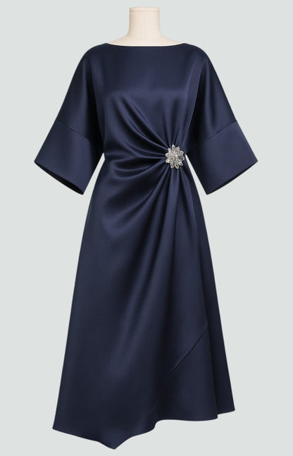 Elegant Satin Midi Dress for Women with Batwing Sleeve Brooch Waist Draped Formal Wedding Guest Style