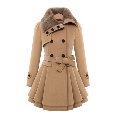 Elegant Faux Fur Collar Wool Jacket for Women with Notch Lapel Long Sleeve Belted Tiered Peplum Winter Style