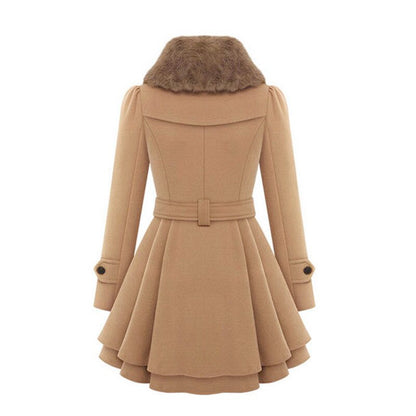 Elegant Faux Fur Collar Wool Jacket for Women with Notch Lapel Long Sleeve Belted Tiered Peplum Winter Style
