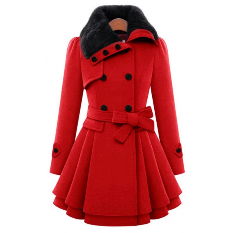 Elegant Faux Fur Collar Wool Jacket for Women with Notch Lapel Long Sleeve Belted Tiered Peplum Winter Style