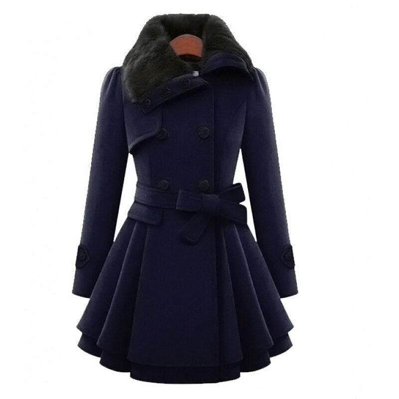 Elegant Faux Fur Collar Wool Jacket for Women with Notch Lapel Long Sleeve Belted Tiered Peplum Winter Style