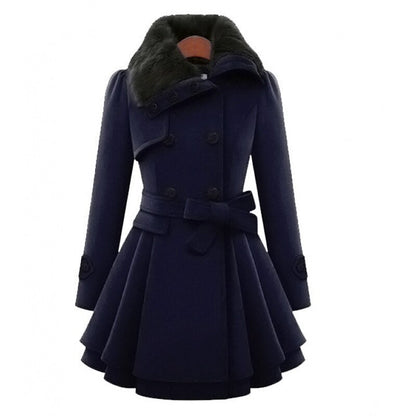 Elegant Faux Fur Collar Wool Jacket for Women with Notch Lapel Long Sleeve Belted Tiered Peplum Winter Style