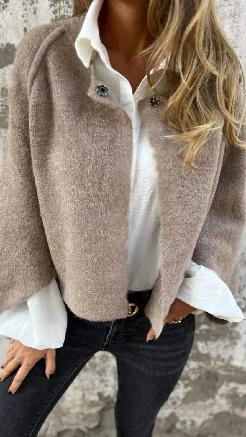 Chic Fuzzy Knit Cardigan for Women with Stand Collar Long Sleeve Open Front Cropped Style