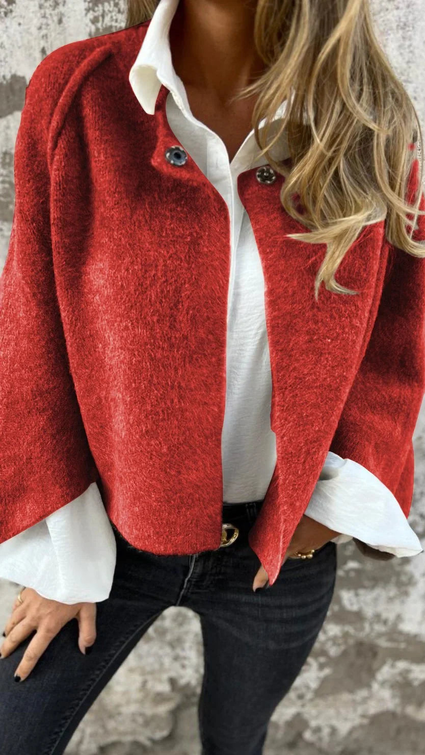 Chic Fuzzy Knit Cardigan for Women with Stand Collar Long Sleeve Open Front Cropped Style