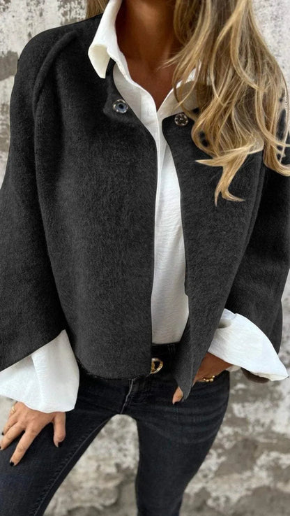 Chic Fuzzy Knit Cardigan for Women with Stand Collar Long Sleeve Open Front Cropped Style