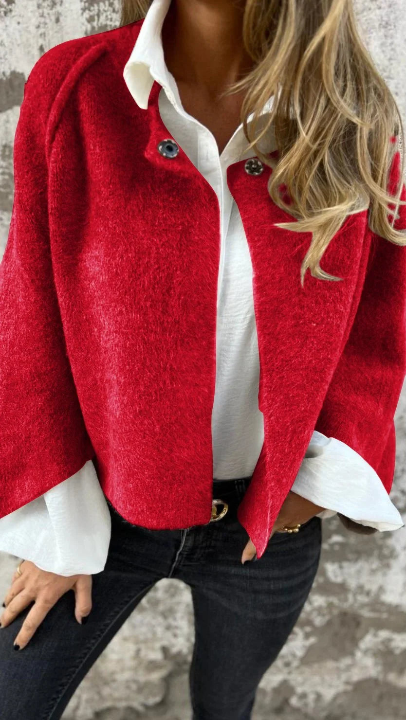 Chic Fuzzy Knit Cardigan for Women with Stand Collar Long Sleeve Open Front Cropped Style