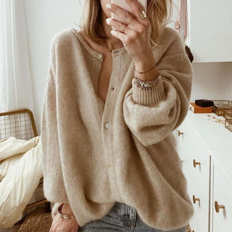 Comfortable Brown Knit Cardigan for Women with Round Neck Long Sleeve Button Front Oversized Relaxed Style