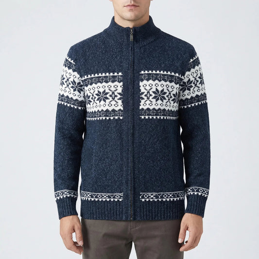 Cozy Knit Cardigan for Men with Stand Collar Long Sleeve Full Zip Fair Isle Winter Style