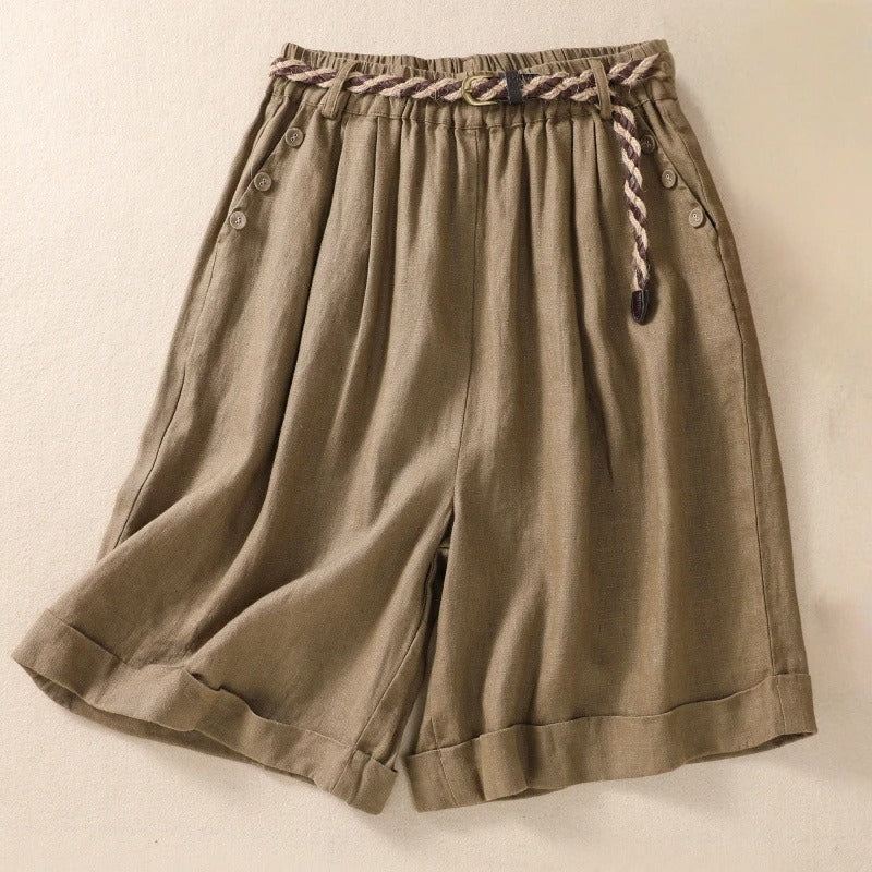 Effortless Linen Bermuda Shorts for Women with High Waist Button Trim Wide Leg Relaxed Style