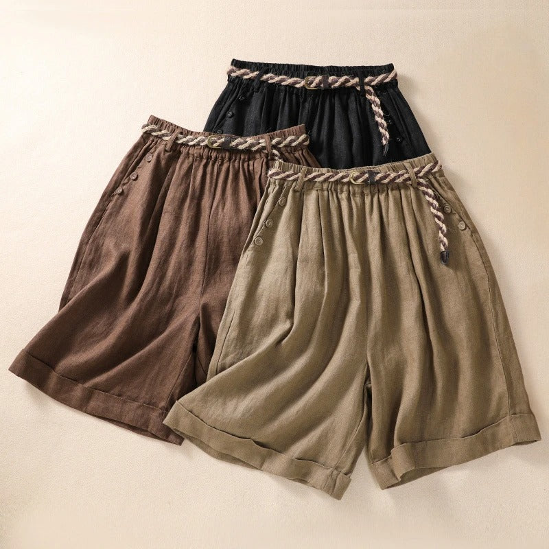 Effortless Linen Bermuda Shorts for Women with High Waist Button Trim Wide Leg Relaxed Style