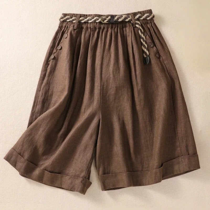 Effortless Linen Bermuda Shorts for Women with High Waist Button Trim Wide Leg Relaxed Style
