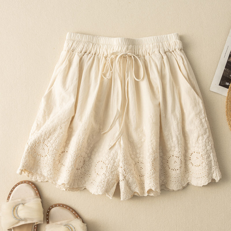 Effortless Crochet Lace Wide Leg Shorts for Women with High Waist Drawstring Scalloped Hem Bohemian Style