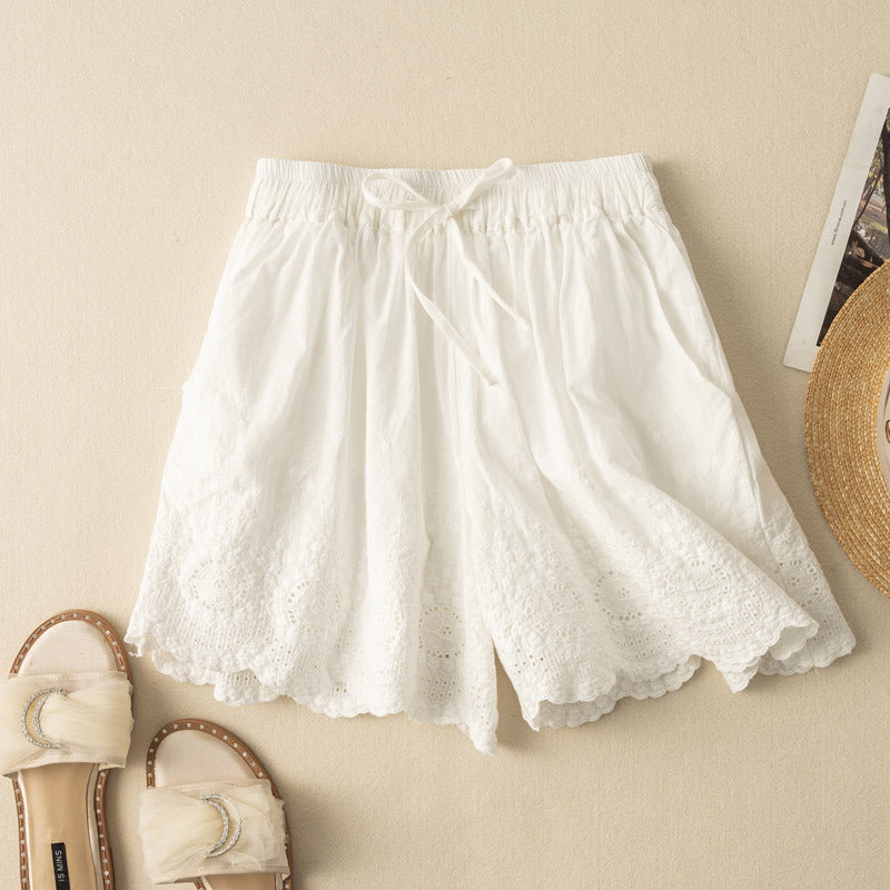 Effortless Crochet Lace Wide Leg Shorts for Women with High Waist Drawstring Scalloped Hem Bohemian Style