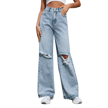 Effortless Light Blue Ripped Wide Leg Jeans for Women with High Waisted Distressed Frayed Knee Casual Style