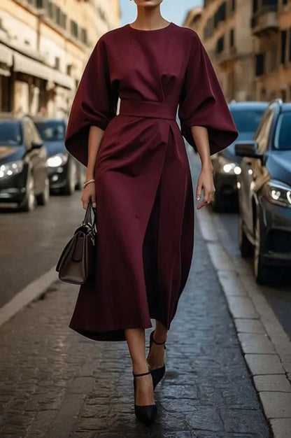 Elegant Belted Midi Dress for Women with Round Neck Bell Sleeve Wrap Flowing Style