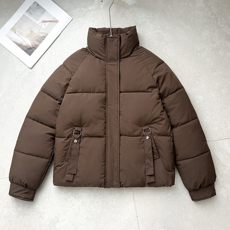 Cozy Puffer Jacket for Women with High Stand Collar Long Sleeve Zip Up Padded Short Style