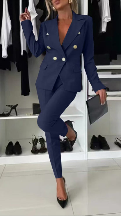 Elegant Blazer Flared Pants Set for Women with Notched Lapel Long Sleeve Double Breasted Suit Style