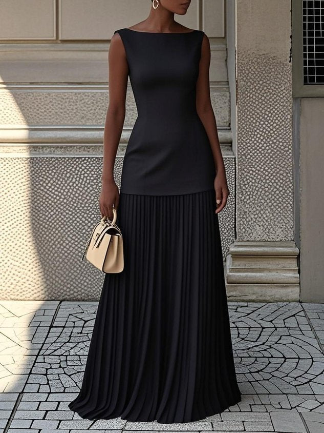 Elegant Maxi Dress for Women with Boat Neck Sleeveless Fitted Bodice Pleated Skirt Formal Style