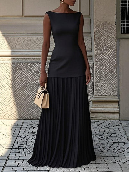 Elegant Maxi Dress for Women with Boat Neck Sleeveless Fitted Bodice Pleated Skirt Formal Style