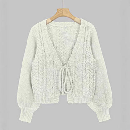 Cozy Chunky Cable Knit Cardigan for Women with V Neck Long Sleeve Tie Front Cropped Style