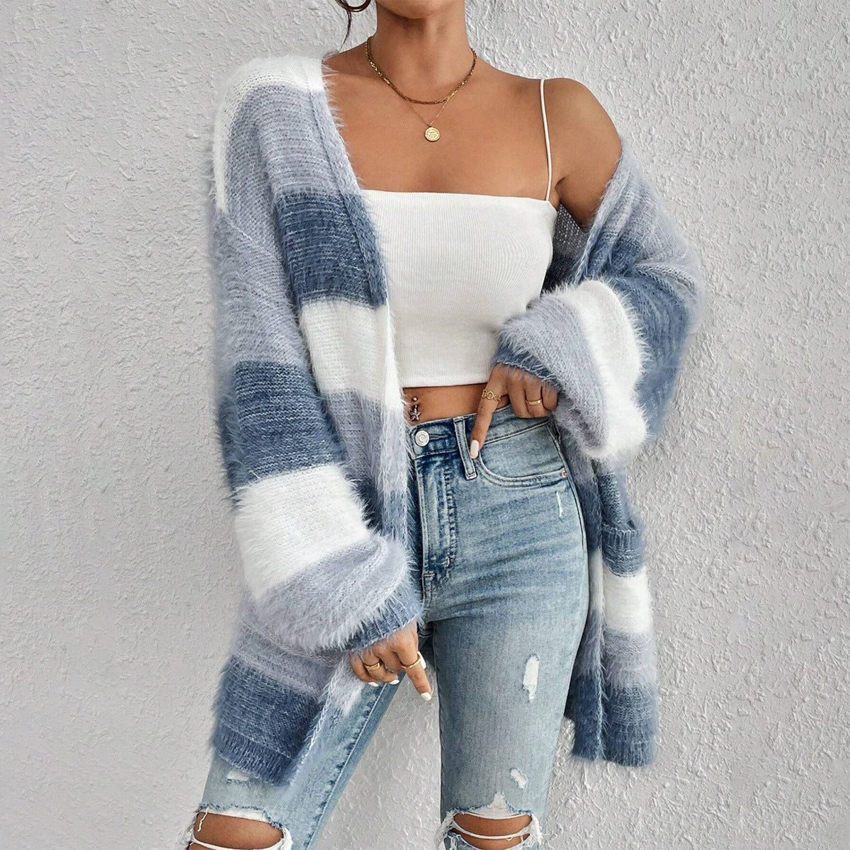 Cozy Fuzzy Knit Cardigan for Women with Open Front Long Sleeve Striped Oversized Style