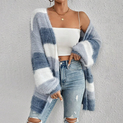 Cozy Fuzzy Knit Cardigan for Women with Open Front Long Sleeve Striped Oversized Style
