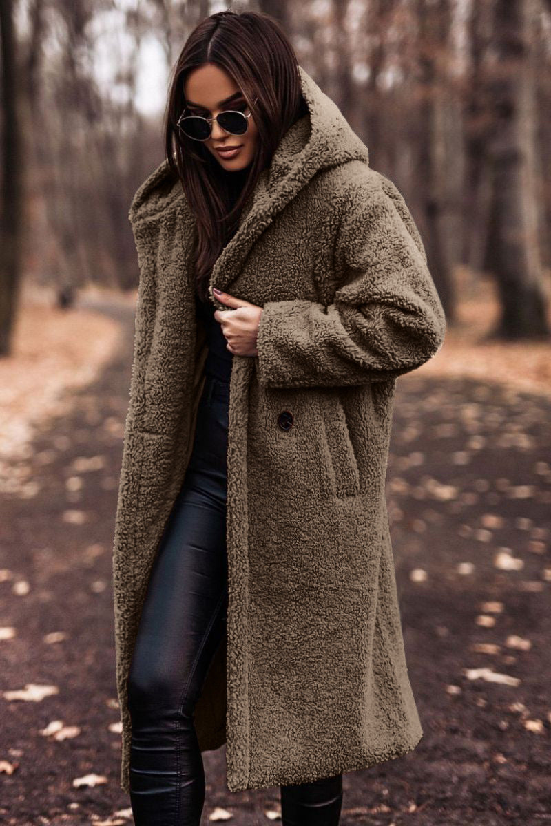 Effortless Teddy Fleece Winter Coat for Women with Hooded Collar Long Sleeve Oversized Longline Style
