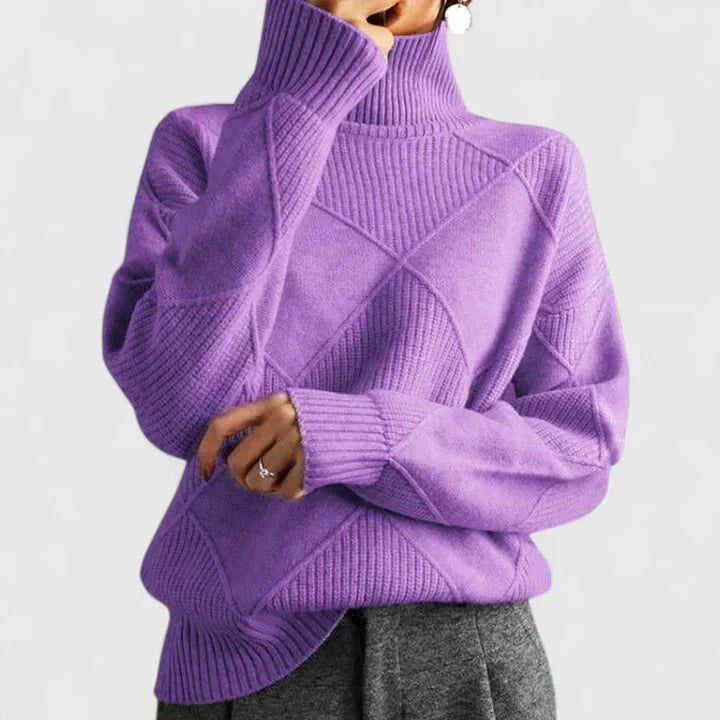 Comfortable Diamond Quilted Sweatshirt for Women with Turtleneck Long Sleeve Relaxed Oversized Knit Style